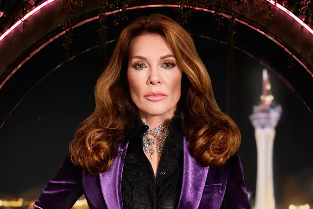 Official Bravo artwork for the Vanderpump Vegas sweepstakes showing Lisa Vanderpump in a purple jacket with the Las Vegas skyline behind her.