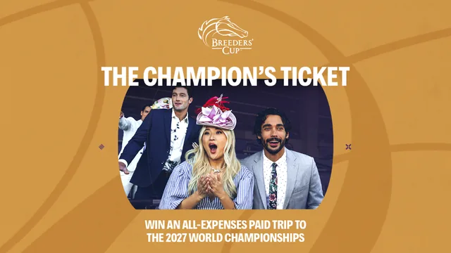 Breeders' Cup contest page titled The Champion's Ticket, showing excited racegoers and the offer of an all-expenses-paid trip to the 2027 World Championships.