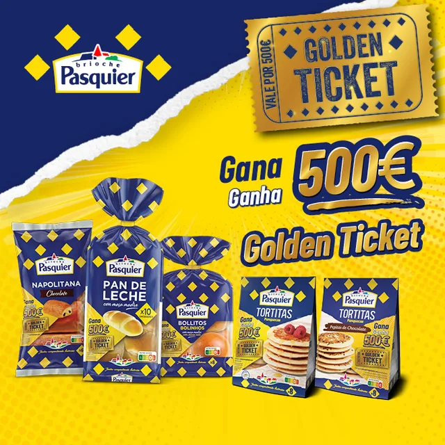 Página oficial de la promoción Golden Ticket de Brioche Pasquier con el mensaje «Gana 500 €» y los productos Pan de Leche, Bollitos, Napolitana y Tortitas.
