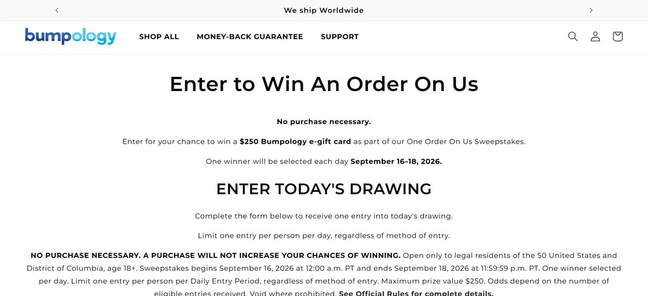 Bumpology One Order On Us Sweepstakes 2026 Official Bumpology One Order On Us sweepstakes page showing the daily entry details.