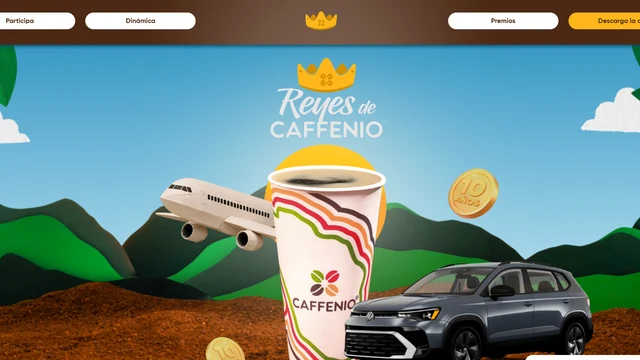 Promoción Reyes de CAFFENIO 2026 con vaso CAFFENIO, avión y Volkswagen Taos