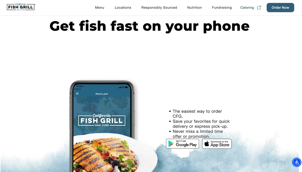 California Fish Grill mobile app page showing the app, menu branding and app store download buttons.