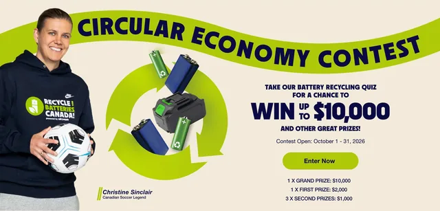 Circular Economy Contest banner from Recycle Your Batteries, Canada! showing soccer player Christine Sinclair holding a ball beside a ring of green recycling arrows around batteries, with the $10,000, $2,000 and $1,000 prizes listed.