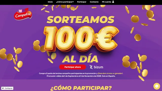 Página de la promoción Campofrío Bizum Con Lonchas anunciando sorteos de 100 € al día
