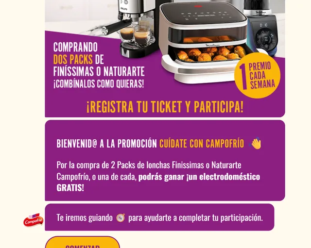 Página oficial de «Cuídate con Campofrío» con la compra de dos packs de Finíssimas o Naturarte, un electrodoméstico Moulinex como premio semanal y el botón Comenzar.