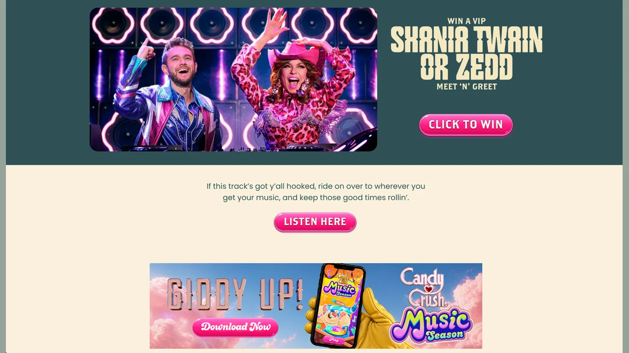 Candy Roadhouse promotional creative for Candy Crush Music Season featuring Shania Twain and Zedd.