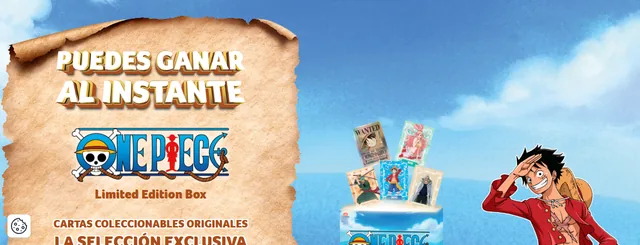 Página oficial de Las aventuras del Capitán Findus con el mensaje «Puedes ganar al instante» y la Limited Edition Box de cartas One Piece.