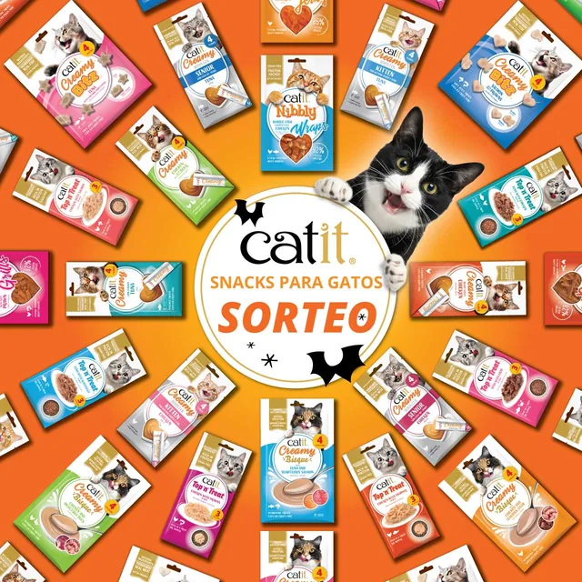 Imagen oficial del sorteo Mi Gato de Catit con los snacks para gatos del premio.