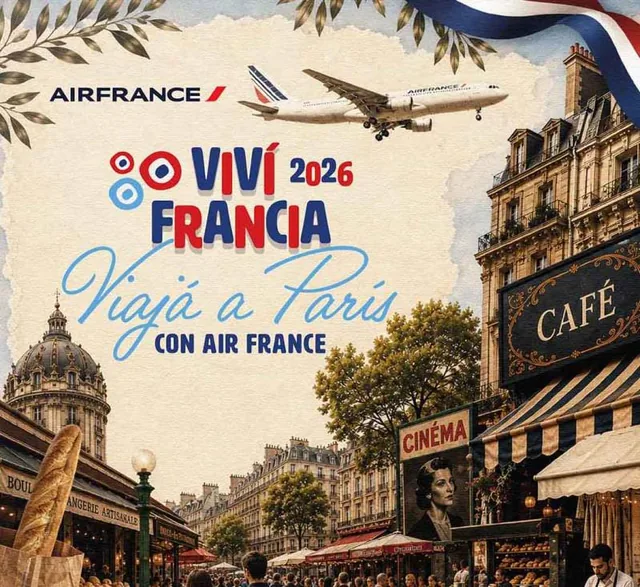 Imagen oficial del concurso Viví Francia 2026 con el texto «Viajá a París con Air France», un avión de Air France y una calle parisina.