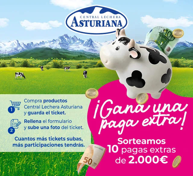 Página oficial de la promoción de Central Lechera Asturiana con el mensaje «Gana una paga extra: sorteamos 10 pagas extras de 2.000 €» y una hucha con forma de vaca.