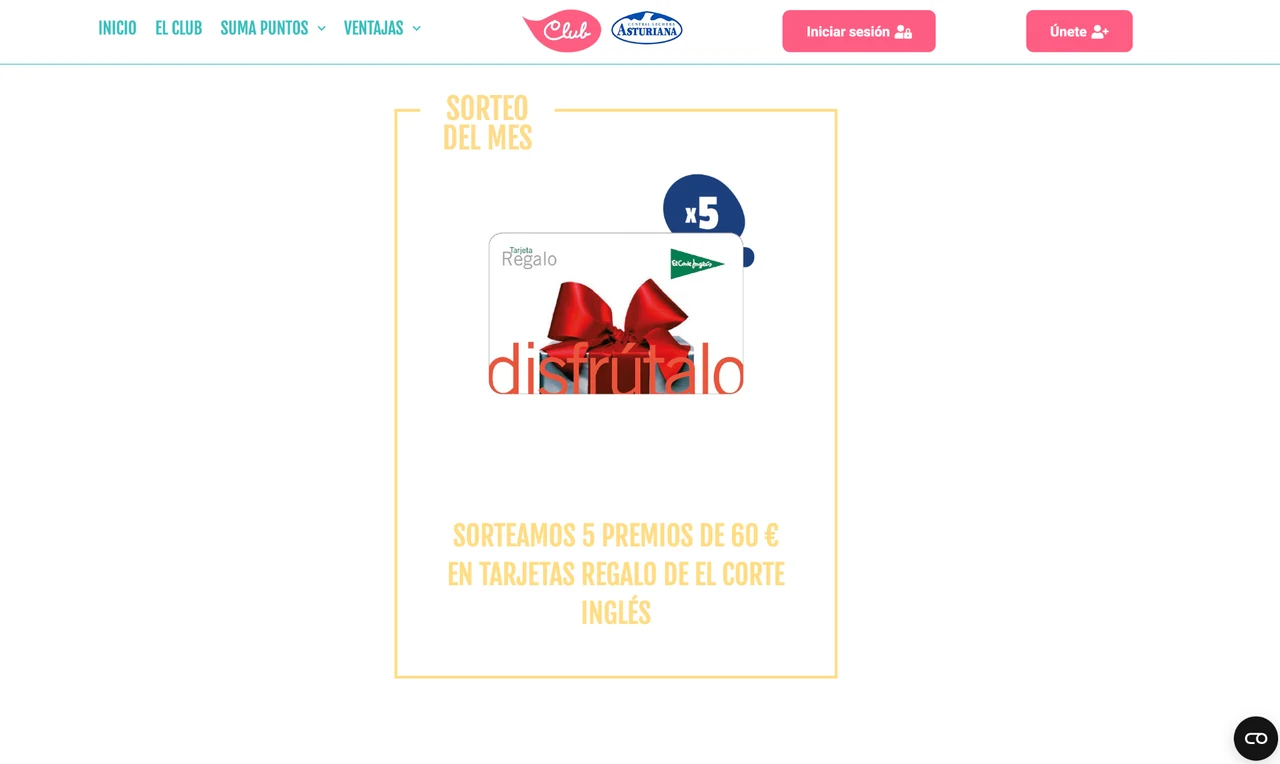 Captura oficial de Central Lechera Asturiana con el sorteo del Club de septiembre y las tarjetas regalo de El Corte Inglés.