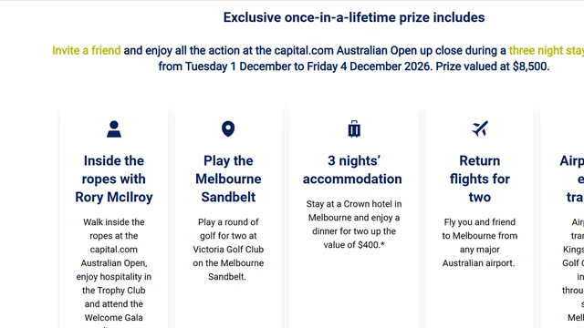 Challenger Australian Open 2026 prize package with Rory McIlroy, Melbourne golf, flights and accommodation