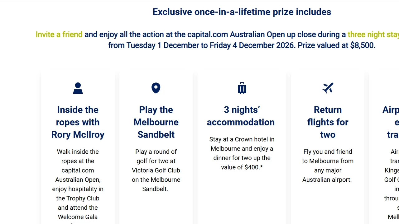 Challenger Australian Open 2026 prize package with Rory McIlroy, Melbourne golf, flights and accommodation