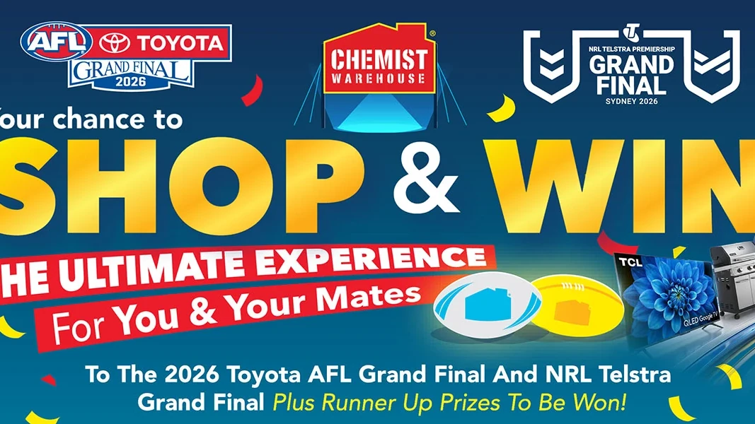 Chemist Warehouse Footy Finals 2026 competition Chemist Warehouse Footy Finals 2026 artwork promoting AFL and NRL Grand Final prizes