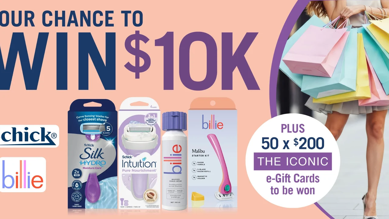 Schick & Billie 2026: win A$10,000 Schick and Billie competition artwork advertising an A$10,000 prize and The Iconic e-gift cards