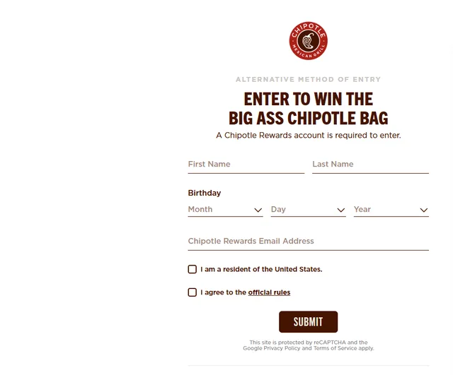 Chipotle's alternative method of entry page for the Big Ass Chipotle Bag giveaway, with the name, birthday and Rewards email form.