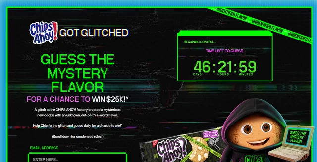 Official CHIPS AHOY! mystery flavor campaign image with countdown and Halloween glitch artwork.