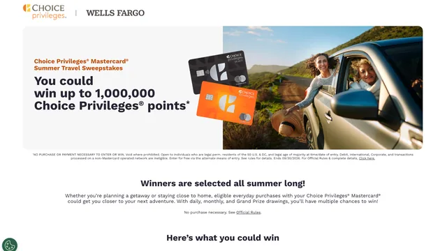 Choice Privileges Mastercard Summer Travel Sweepstakes page showing Choice cards and a road-trip scene