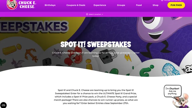Chuck E. Cheese Spot It! Sweepstakes page with the purple campaign visual