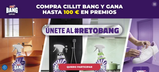 Página oficial de Reto Bang de Cillit Bang Expert con el mensaje de compra y premio de hasta 100 €.