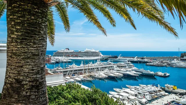 Photo of a Viking cruise ship in a Mediterranean harbour behind a palm tree, used on the Classic FM Viking competition page.