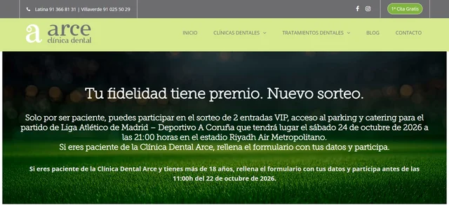 Página oficial de Clínica Dental Arce con el sorteo de 2 entradas VIP para Atlético de Madrid vs. Deportivo A Coruña.