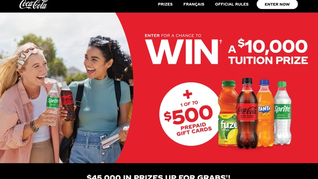 Coca-Cola Back to School Contest page advertising a C$10,000 tuition prize and seventy C$500 prepaid gift cards