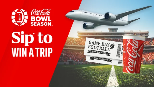 Coca-Cola Bowl Season promotion artwork with a plane, football tickets and a Coca-Cola cup for the Football Ultimate Fan trip