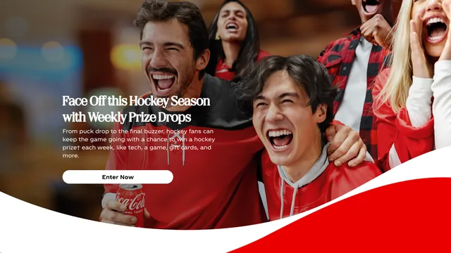 Official Coca-Cola hockey promotion hero showing fans cheering and weekly hockey prize drops