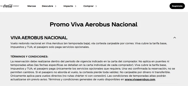 Promoción Coca-Cola XP Viva Aerobus Nacional con condiciones del vuelo redondo nacional en México