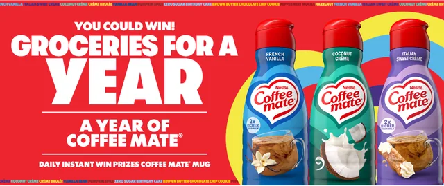 Coffee mate Year of Flavor Sweepstakes page showing the offer to win $21,000 and instant-win prizes next to Coffee mate creamer bottles.