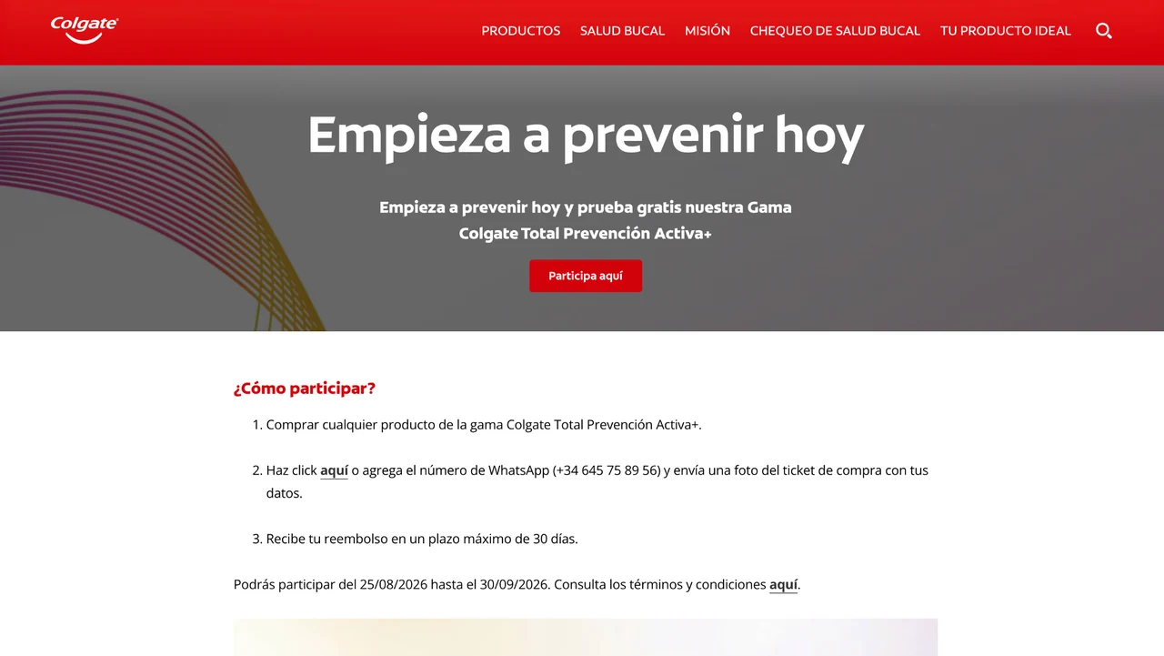 Página oficial del cashback Colgate Total Prevención Activa+ con el botón para participar y las instrucciones básicas.