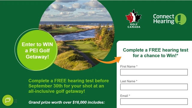 Connect Hearing Canadian Golf Experience 2026 promotion for a PEI golf getaway worth about CAD $16,915