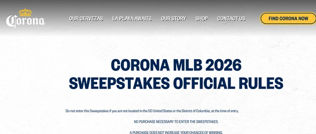 Official Corona rules page for the Corona MLB 2026 Sweepstakes.