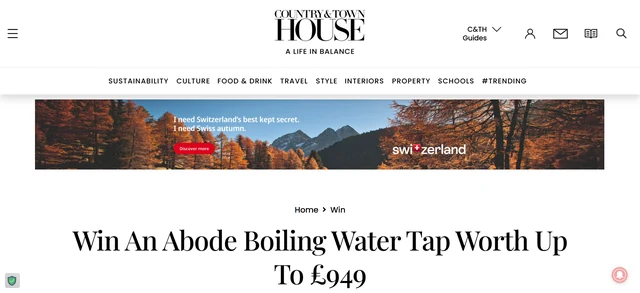 Official Country & Town House competition page for an Abode boiling water tap giveaway.