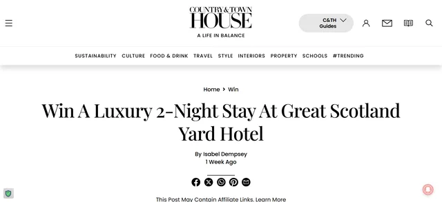 Official Country & Town House competition page for a two-night stay at Great Scotland Yard Hotel.