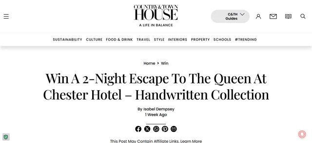 Official Country & Town House competition page for a two-night stay at The Queen at Chester Hotel.