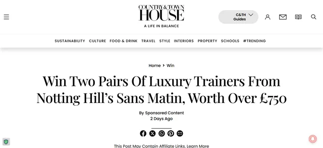 Official Country & Town House competition page for the Sans Matin trainers prize bundle worth over £750.