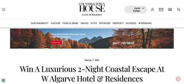 Official Country & Town House competition page offering a two-night coastal escape at W Algarve Hotel & Residences.