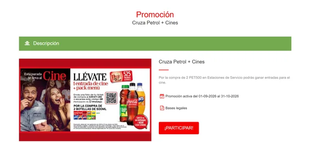 Captura oficial de Cruza Petrol + Cines con creatividad de entrada de cine, menú y productos participantes