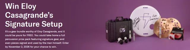 D'Addario banner reading Win Eloy Casagrande's Signature Setup, with a signed drumhead, cymbals, microphones and a case on a purple background.