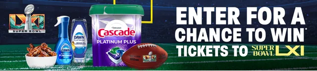 Dawn and Cascade Super Bowl LXI sweepstakes banner with Dawn and Cascade products and the trip offer.