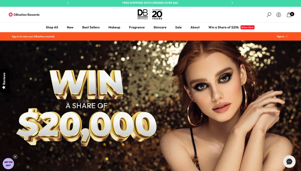 Official DB Cosmetics promotion page advertising the 20th Birthday giveaway with a share of $20,000 to win.