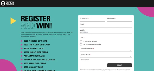 Deakin University Register and Win 2026 page with monthly prize list and registration form