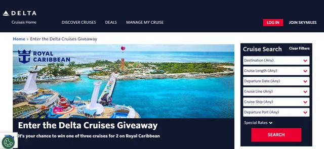 Delta Cruises Giveaway 2026 Official Delta Cruises Giveaway page featuring a Royal Caribbean cruise destination