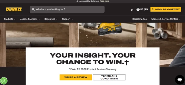 DEWALT 2026 Product Review Giveaway DEWALT 2026 Product Review Giveaway page inviting product reviews for a chance to win a hammer drill kit