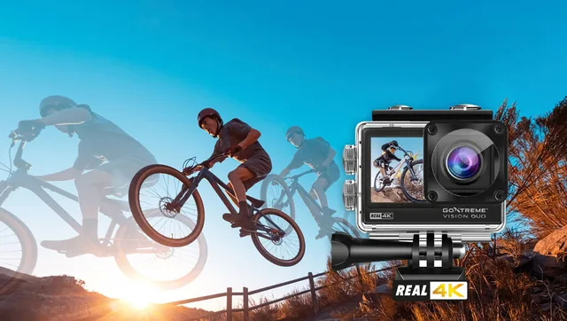 Diggerland prize draw banner showing a GoXtreme Vision Duo 4K action camera and a mountain biker mid-jump.