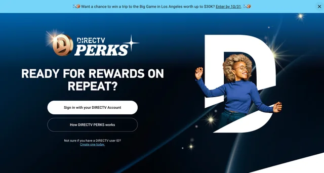 DIRECTV PERKS landing page with the sign-in button and rewards headline.