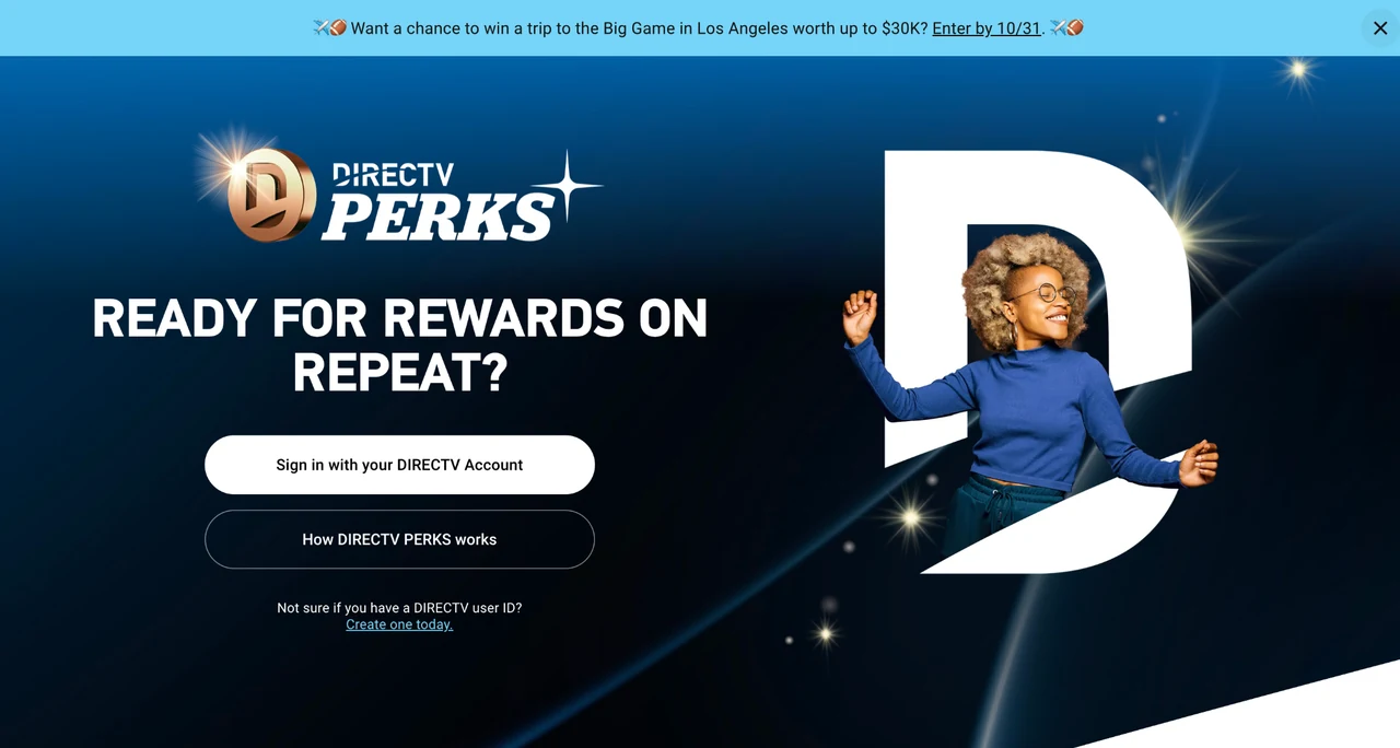 DIRECTV PERKS landing page with the sign-in button and rewards headline.