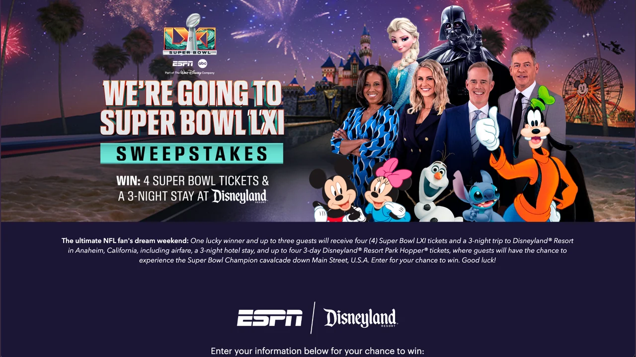 Disney / ESPN — We’re Going to Super Bowl LXI Sweepstakes Official Disney and ESPN sweepstakes graphic promoting a Super Bowl LXI and Disneyland Resort prize trip.